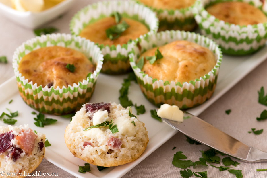 Muffin with cheese and ham for breakfast