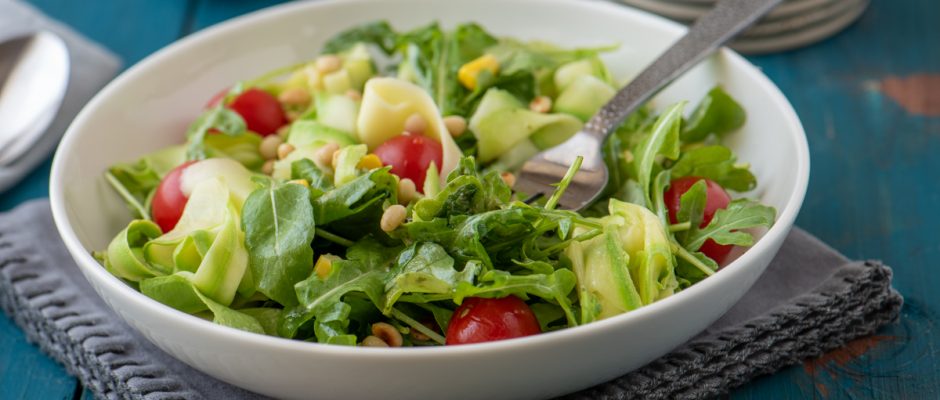 Roasted garlic zucchini tagliatelle salad