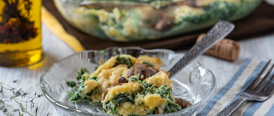 Layered Polenta with mushrooms, ricotta, and spinach