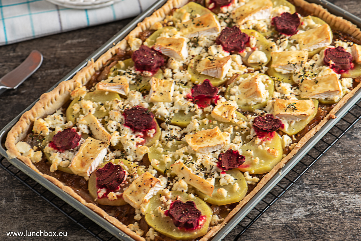Quiche with red onion and cheese, ingredients:  The quiche layered with red onions chutney. Slightly caramelized and in saturated color, it strongly contrasts with the structure of boiled potatoes and cheeses. Layers merge into one perfect bite. Butter-flavored dough followed by caramelized onions, potato density and the mix of Greek cheese and Brie cheese.  Beetroot in forms of spring flowers creates mood, color, and anticipation for something😊 special.  Preparation:  You can prepare the chutney and quiche crust in advance and assemble the dish in minutes during the week.  The baked quiche has excellent taste and cold, removed from the refrigerator. The dough retains its crunch and texture. This makes the dish suitable for office or school Lunchbox. How to make it easily:   Start by kneading the dough. While it is cooled in the fridge, boil the potatoes, and prepare the chutney.  That way, in 30 minutes, you’ll be able to prepare everything. The finished dish will be ready in just 60 minutes.  Variations:  Greek cheese is an excellent choice because it complements the taste of onions. But you can use mozzarella or other cheese. You can also replace it with turkey fillet or salami. Brie cheese replace with Cheddar or Yellow Cheese. You can also prepare stuffing with spinach, eggs and ricotta.  Let your imagination guide you and enjoy a nice dinner with your loved ones.