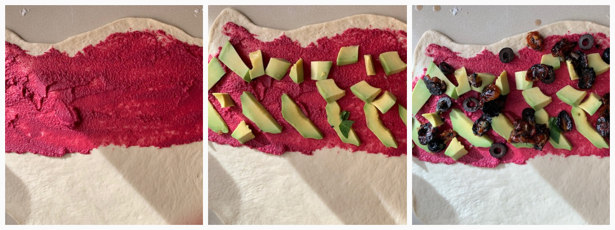 Beetroot hummus pizza pockets