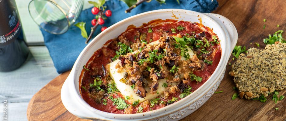 Oven baked halloumi with capers