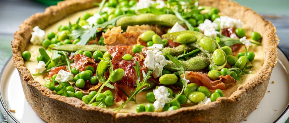 Labneh, prosciutto and edamame tart