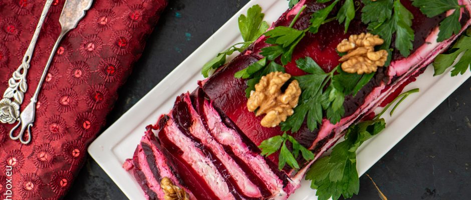 Roast beetroot and haloumi cheese terrine