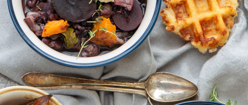 Purple potato and wild rice soup