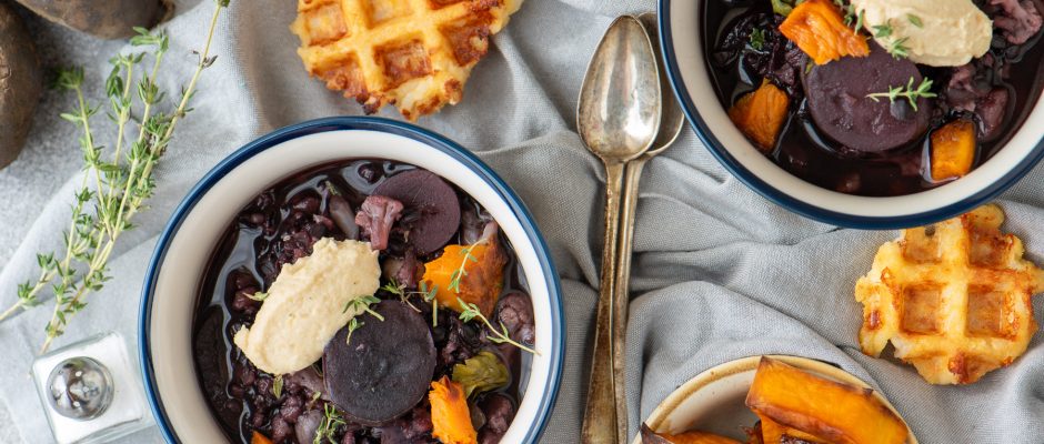 Purple potato and wild rice soup