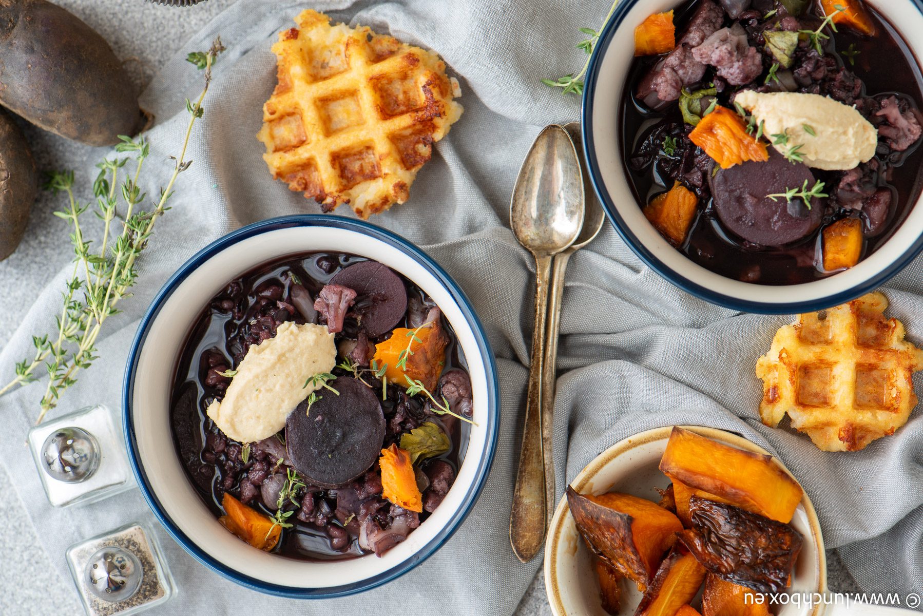 Purple potato and wild rice soup